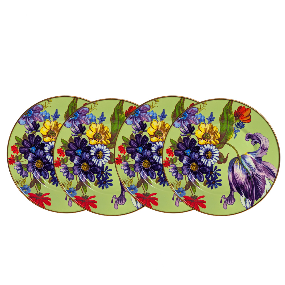 Mackenzie Childs Flower Market Green Enamel 10" Dinner Plates Set of 4
